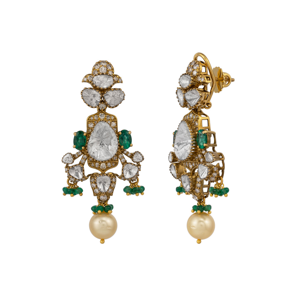 Antique Finish Earrings with Polki and Emerald Beads